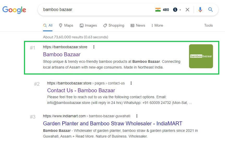 screenshot of branded keyword bamboo bazaar ranking in number 1 in Google search results