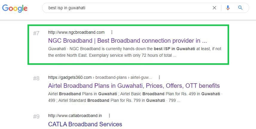 screenshot of keyword best isp in guwahati ranking in number 7 in Google search results