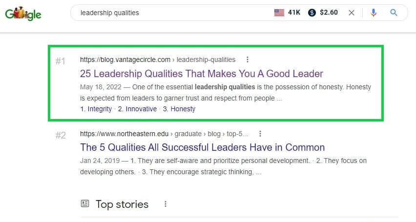 screenshot of keyword leadership qualities ranking in number 1 in Google USA search results