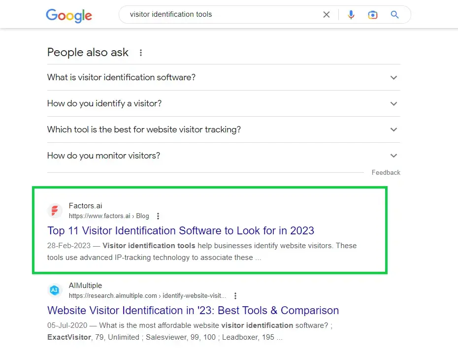 Factors' blog ranking for the non-branded keyword visitor identification tools