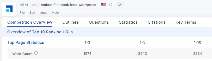 Dashboard of Scalenut tool showing average word count of top 10 SERPs for a target query
