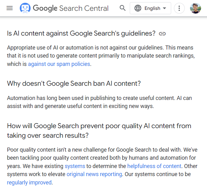Google Search Central's official documentation on AI usage to generate website content